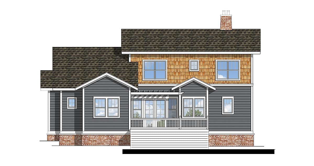 House plan exterior: Two-story dwelling with a covered porch, dormer window, shingle siding, and prominent brick chimney.