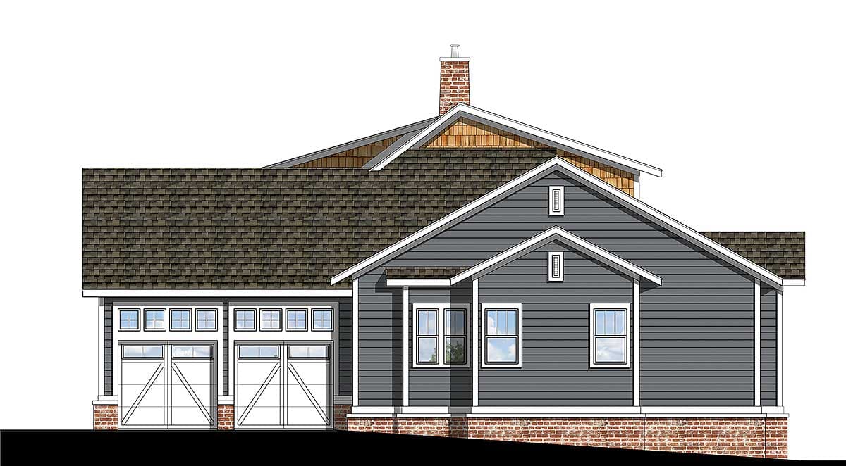 House plan exterior of a one-story home with a three-car garage, gabled roof, dormers, and a brick foundation.