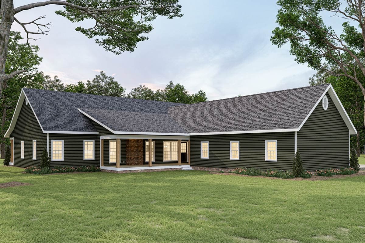 House plan exterior: Single-story home with a covered porch supported by wood columns and a large gable end with a circular vent.