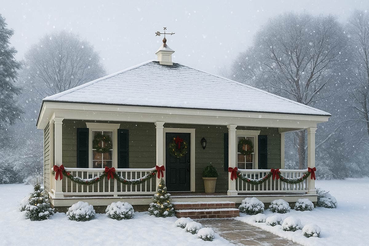 A snow-covered house decorated for Christmas, with wreaths on the windows and door, and garland along the porch railing. Snow is falling.