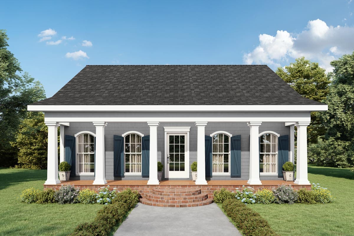 House plan exterior featuring a one-story, classic style home with a columned porch, arched windows, and a gabled roof.