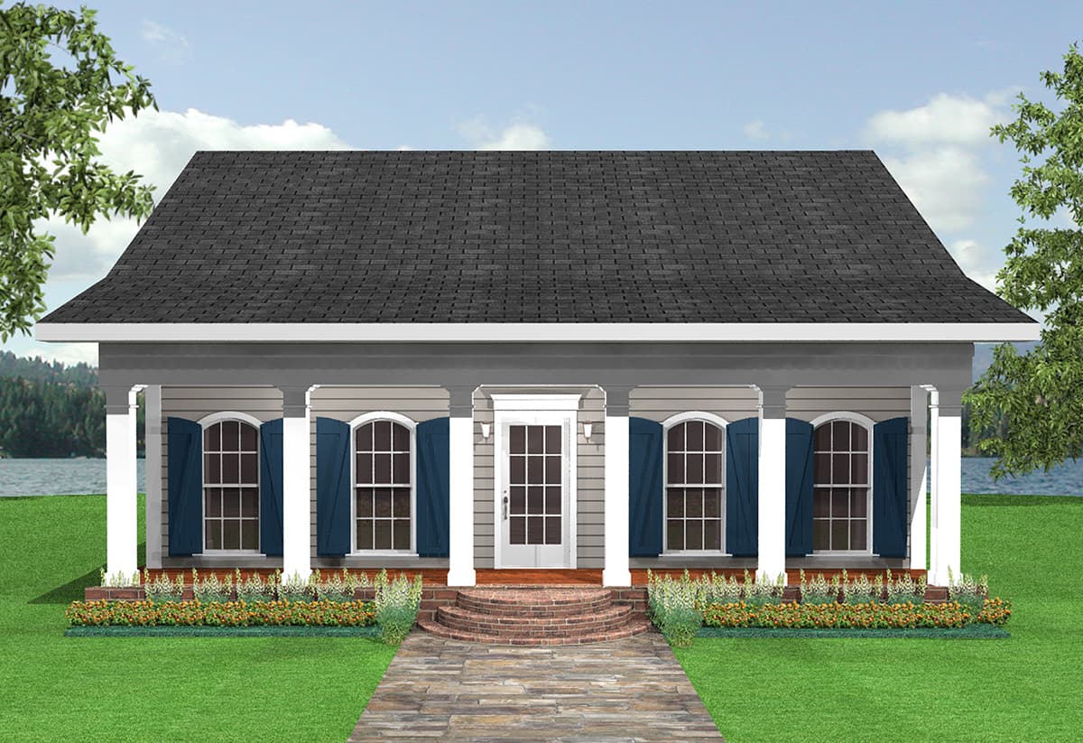 House plan exterior: One-story home with a central entrance, covered porch with columns, arched windows with shutters, and a symmetrical facade.