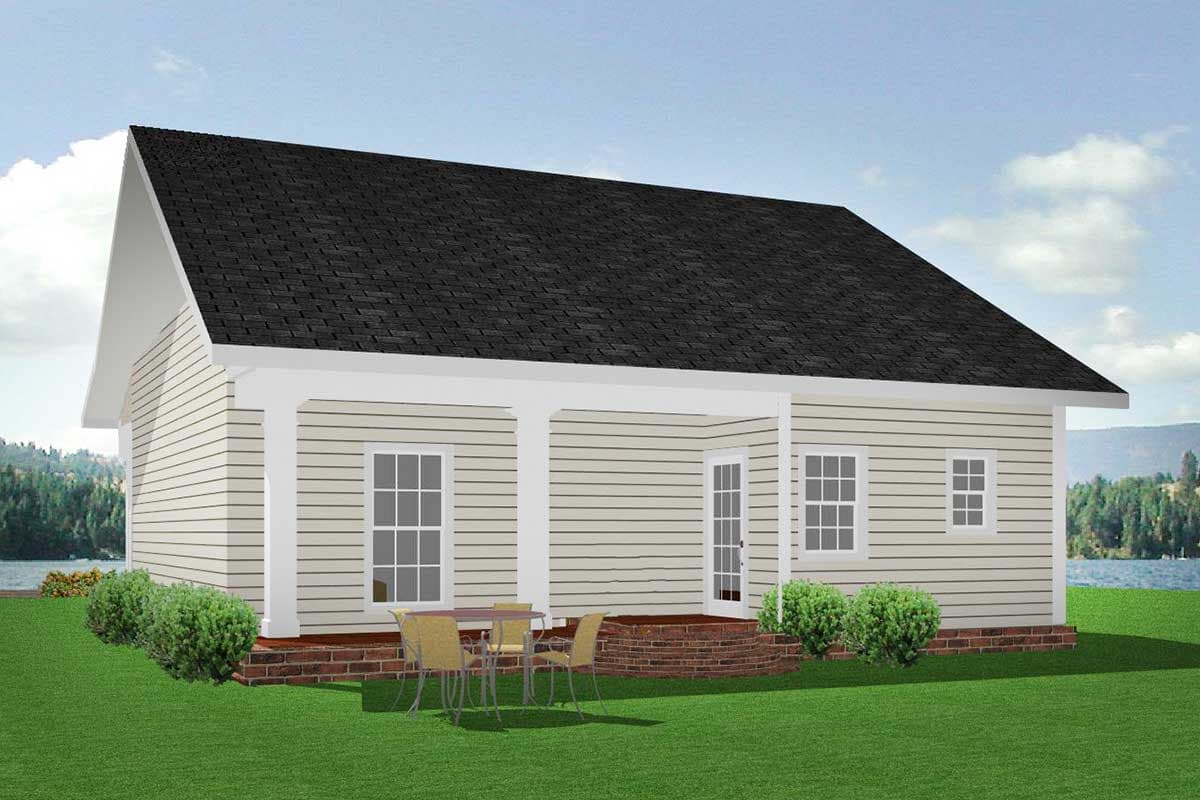House plan exterior: one-story home with a covered porch, gable end, and double-hung windows.