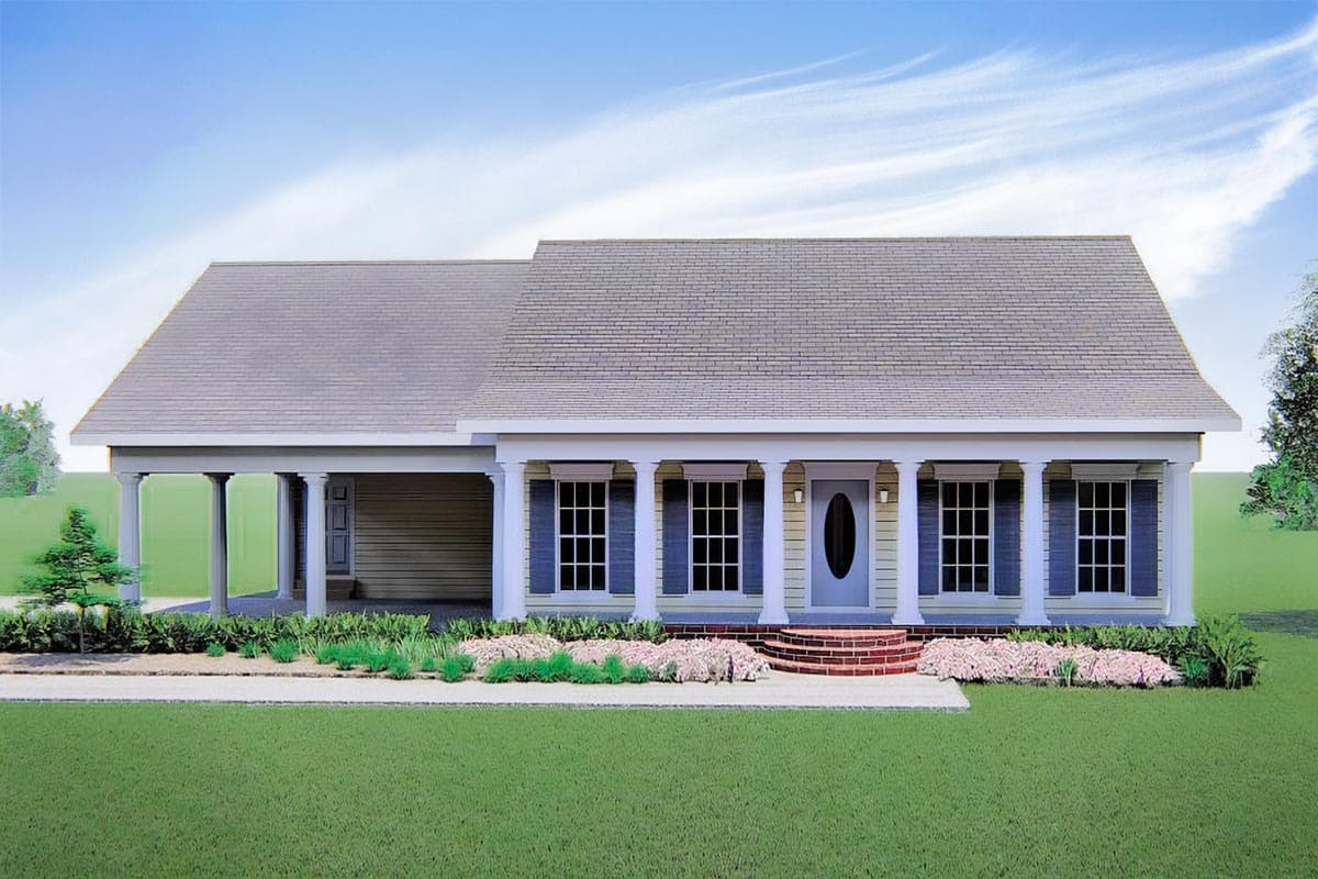 House plan exterior: Single-story home with full-width covered porch, columns, gable roof, and attached garage.