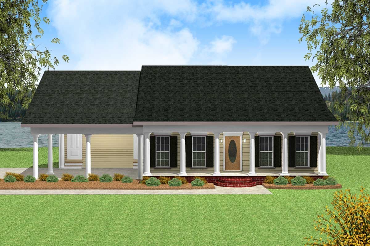 Ranch house plan exterior with a full front porch supported by columns, hip roof, and vinyl siding.