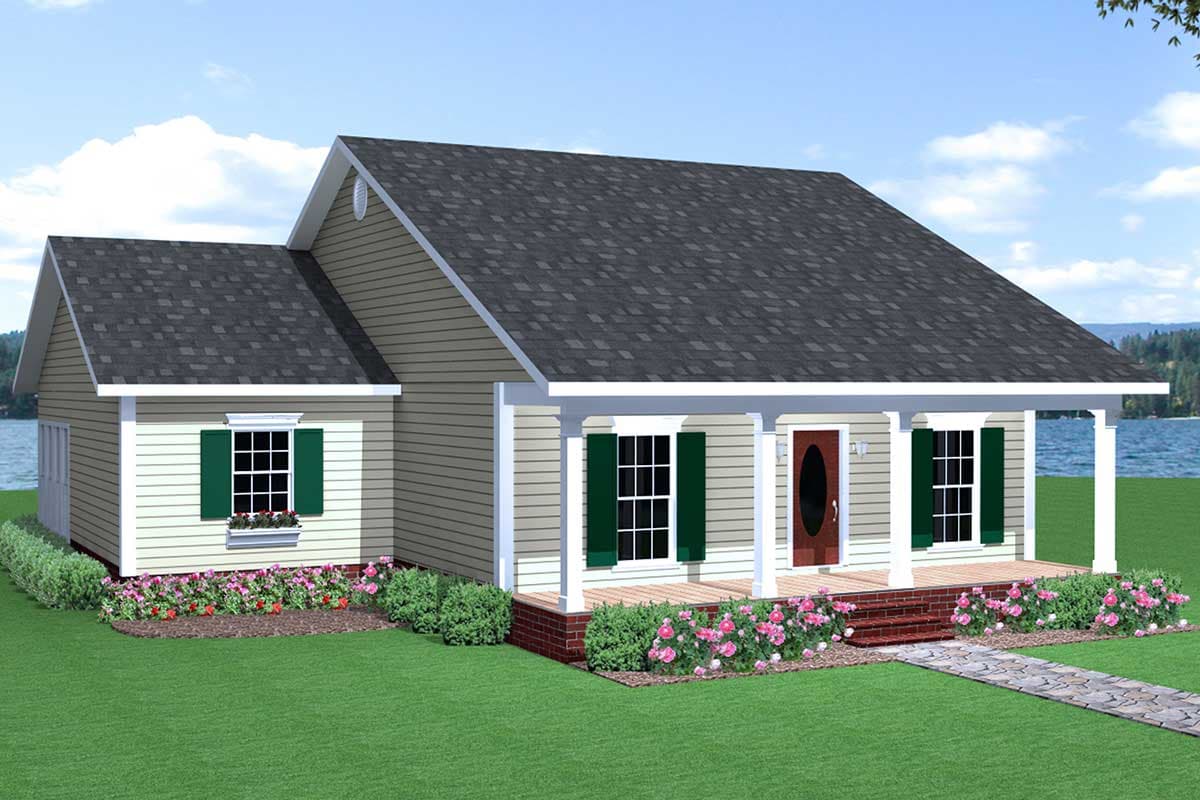 House plan exterior: one-story home with full-width front porch, gabled dormer, and attached garage.