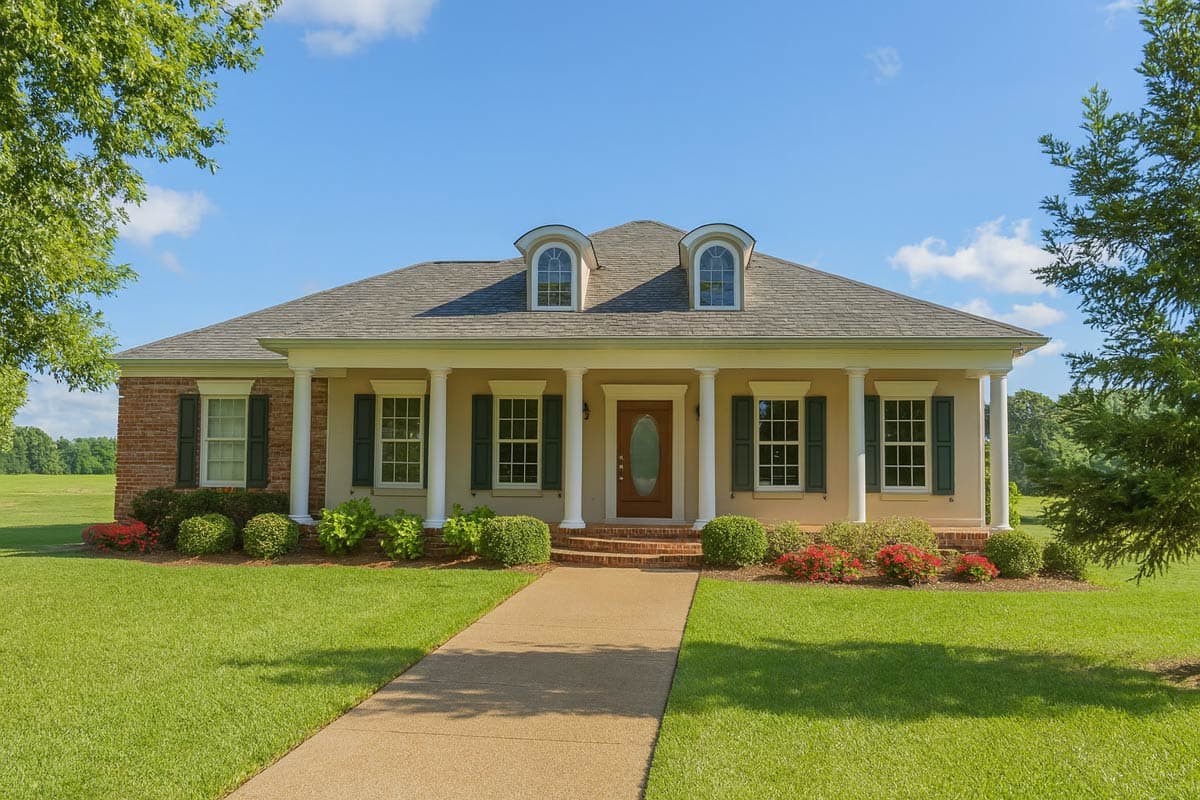 House plan exterior: One-story house with a prominent covered porch supported by columns, dormer windows, and a brick facade section.