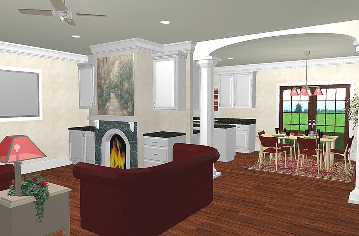 Interior rendering showing an open floor plan with a fireplace, kitchen cabinets, and a dining area with French doors.