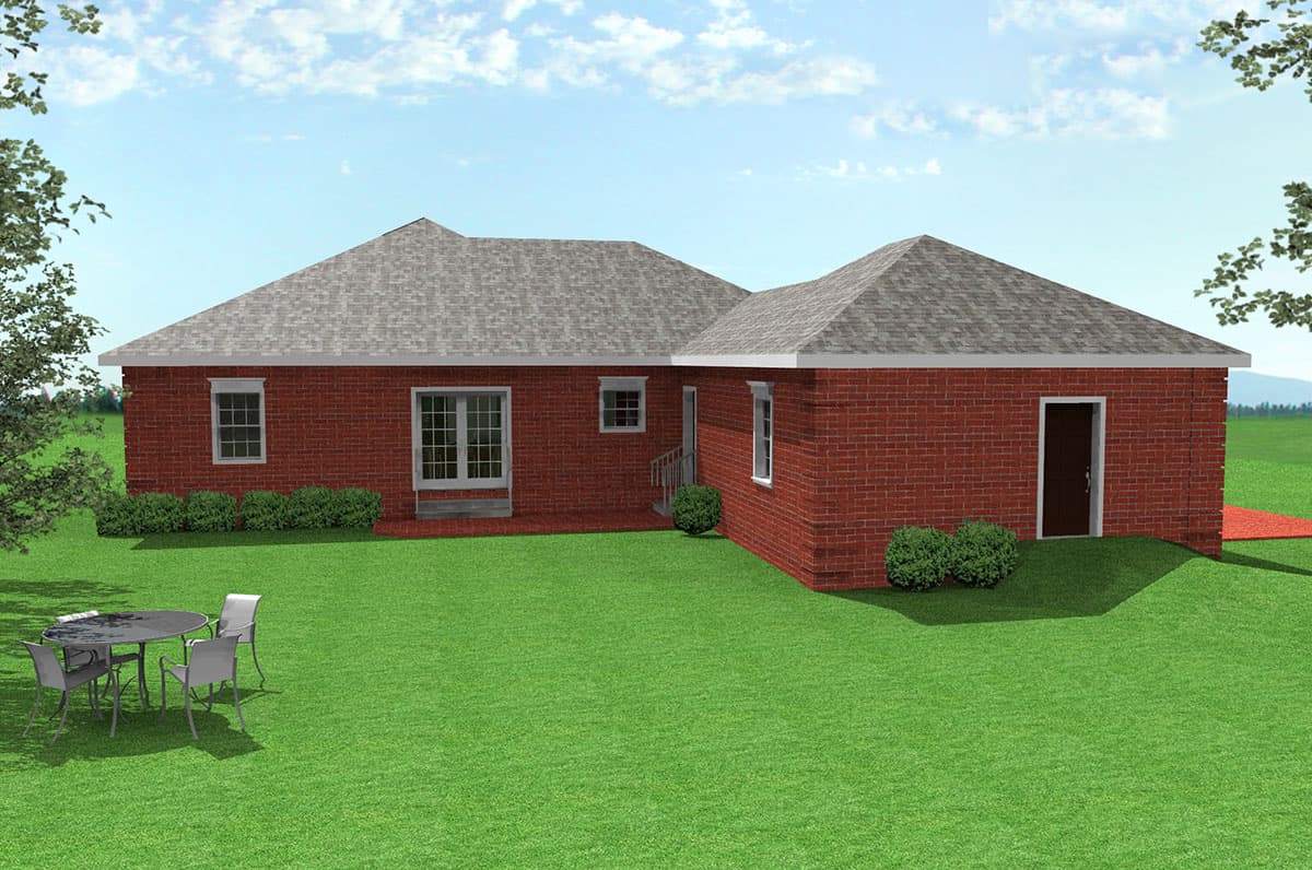 One-story brick house plan exterior with gable roof, double doors, and attached garage.