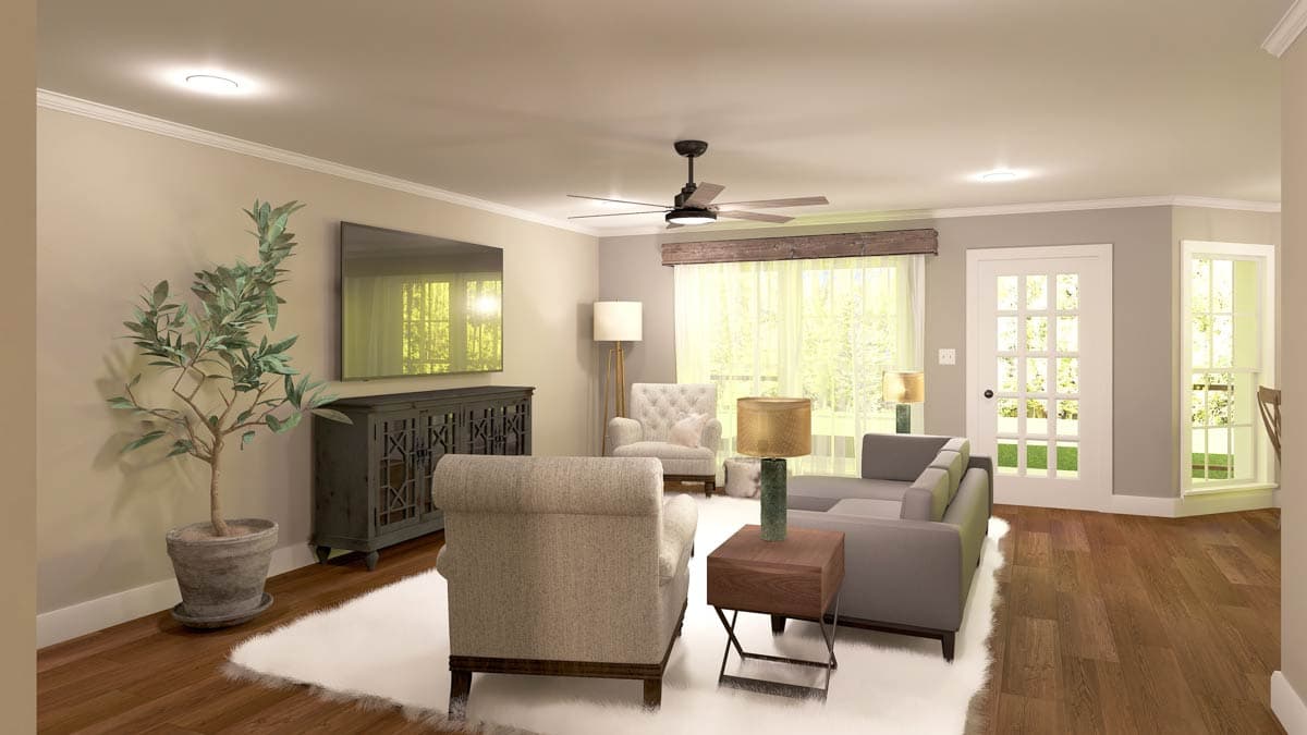 Living room rendering with sofa, chairs, media console, ceiling fan, and french doors.