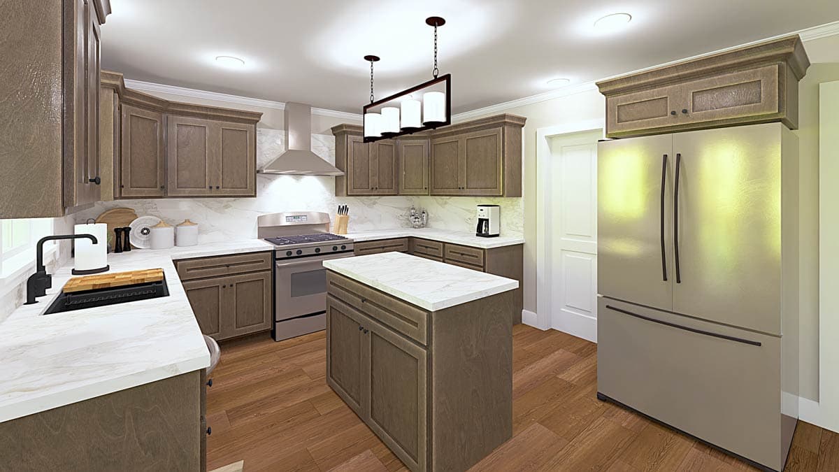Kitchen with gray shaker cabinets, marble countertops, stainless steel appliances including a gas range and refrigerator, and a central island.