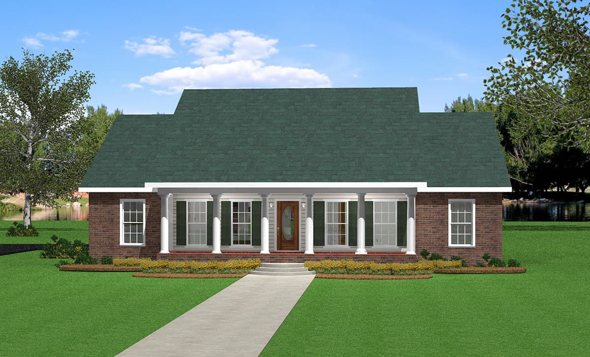 Ranch house plan exterior with brick facade, full-width porch supported by columns, and multi-pane windows.