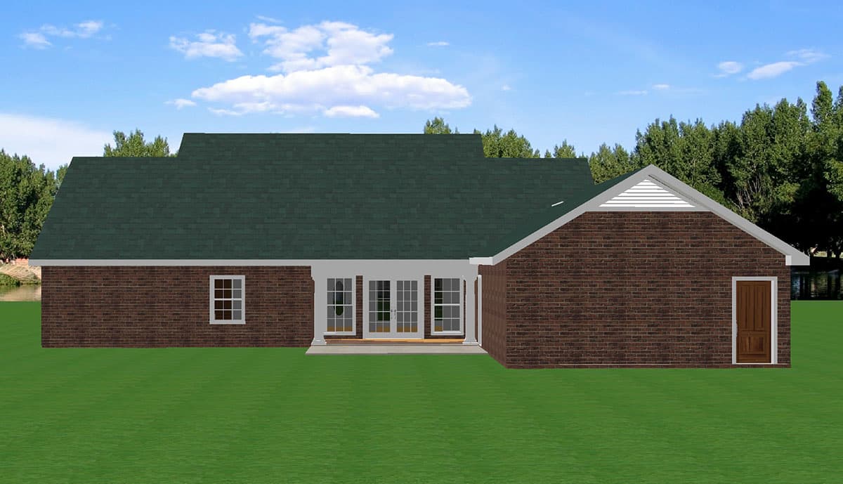 House plan exterior: Single-story brick home with a gable end, covered patio with French doors, and a single-car garage.
