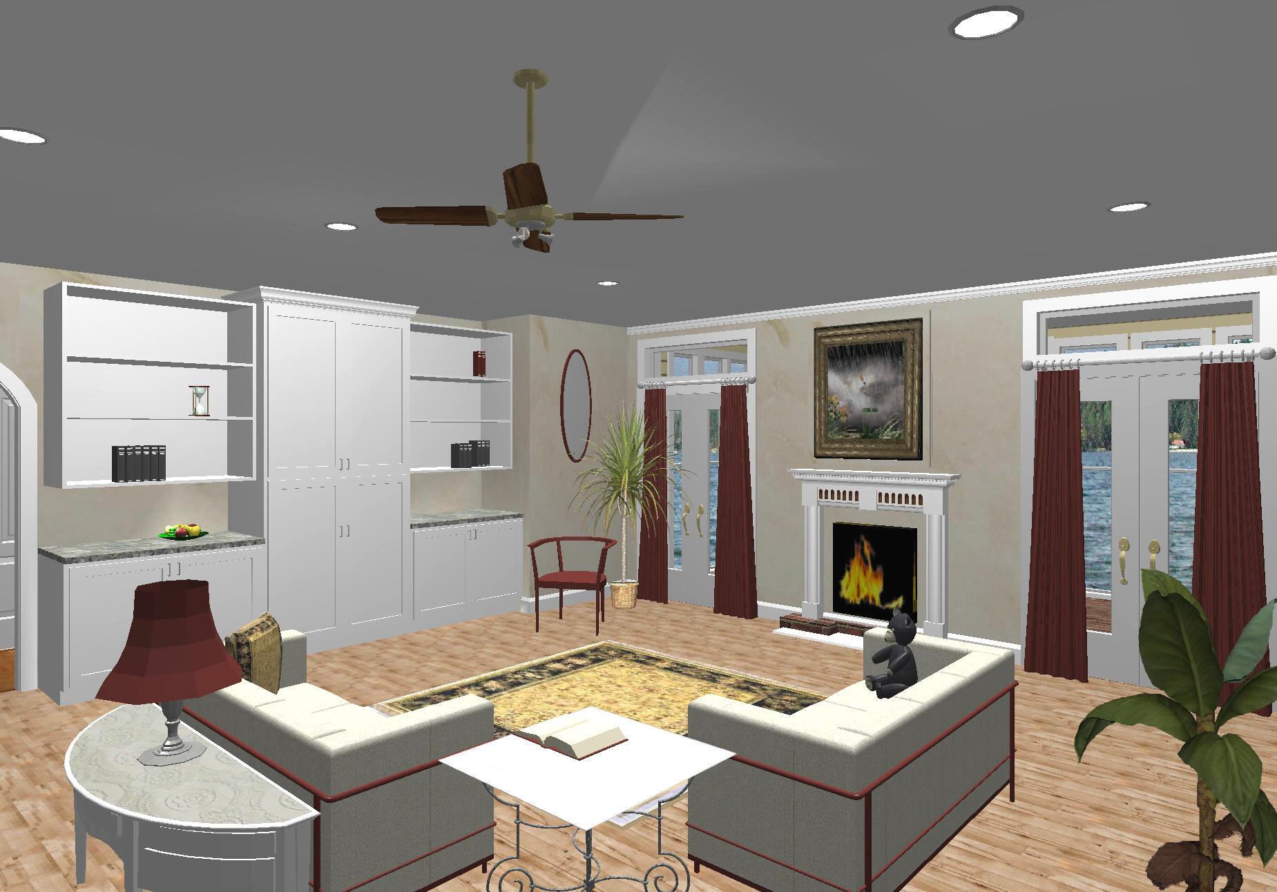 Living room with fireplace, built-in shelving, seating, and French doors to an outdoor view.