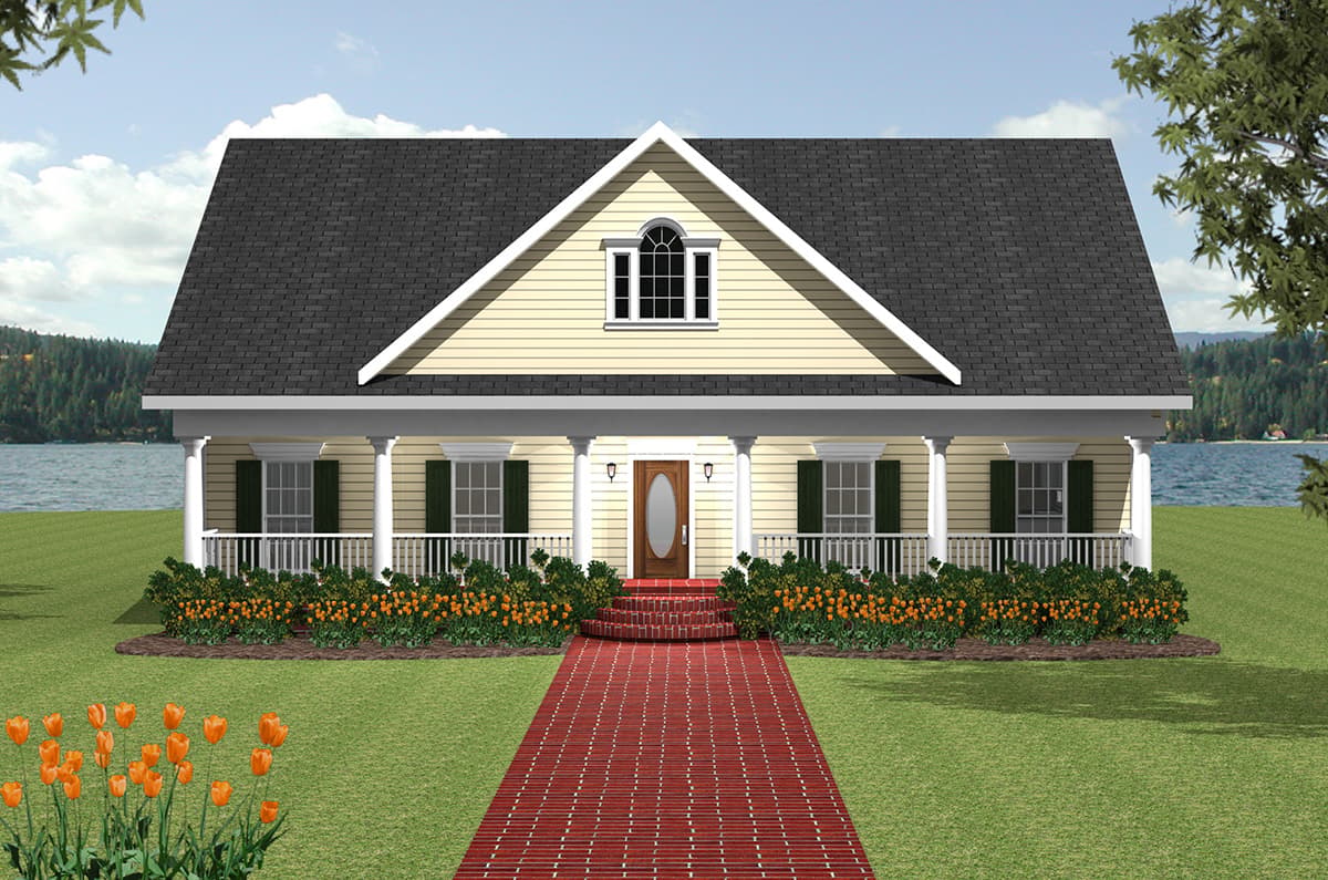House plan exterior: One-story, hip roof with gabled dormer, full-width porch with columns, centered entrance.