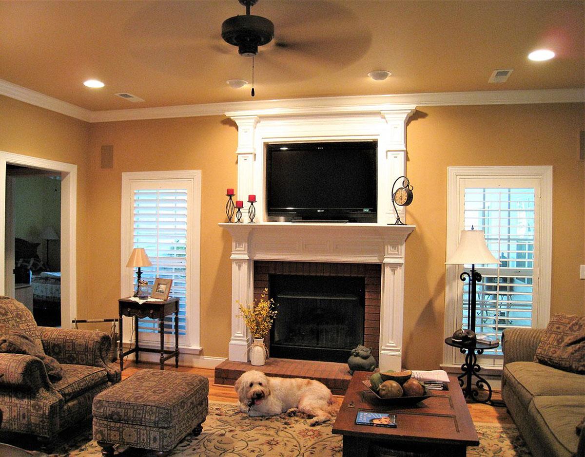 Living room with fireplace, mounted TV, large windows with shutters, and seating area. A dog rests on the rug.