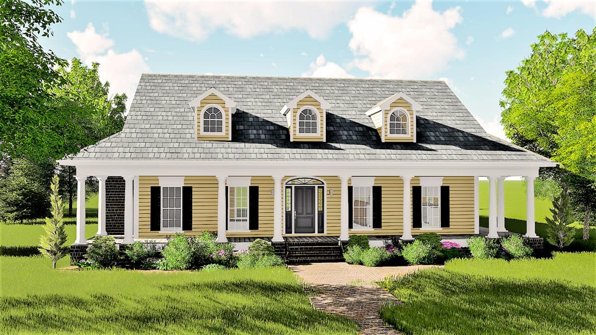 House plan exterior. Two-story Colonial with a front porch supported by columns. Features include dormers, a symmetrical facade, and a gabled roof.
