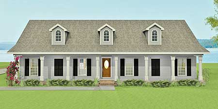 House plan exterior: A one-story ranch with a full-width covered porch, three dormers, and a hip roof.