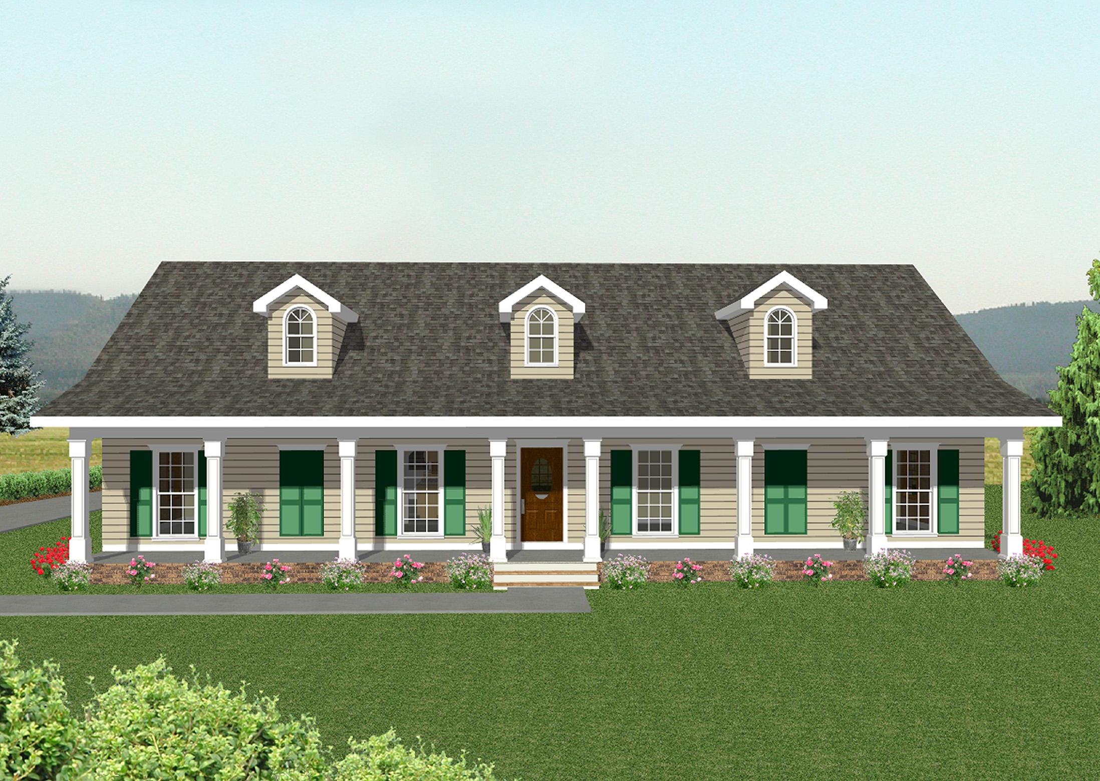 House plan exterior: one-story ranch with full-length front porch, three dormers with arched windows, and green shutters.