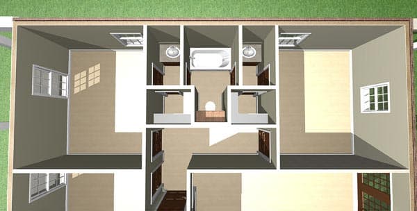 Floor plan showing two bedrooms, two bathrooms with double vanities, and a central bath.