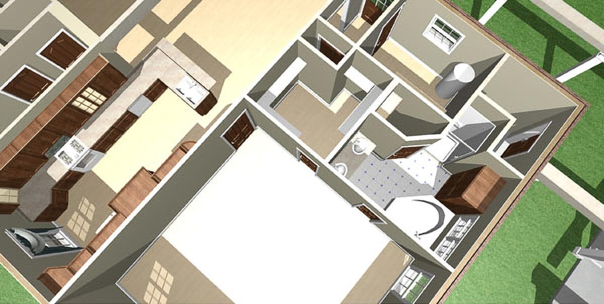 3D house plan interior showing kitchen with island, living area, and bedrooms.