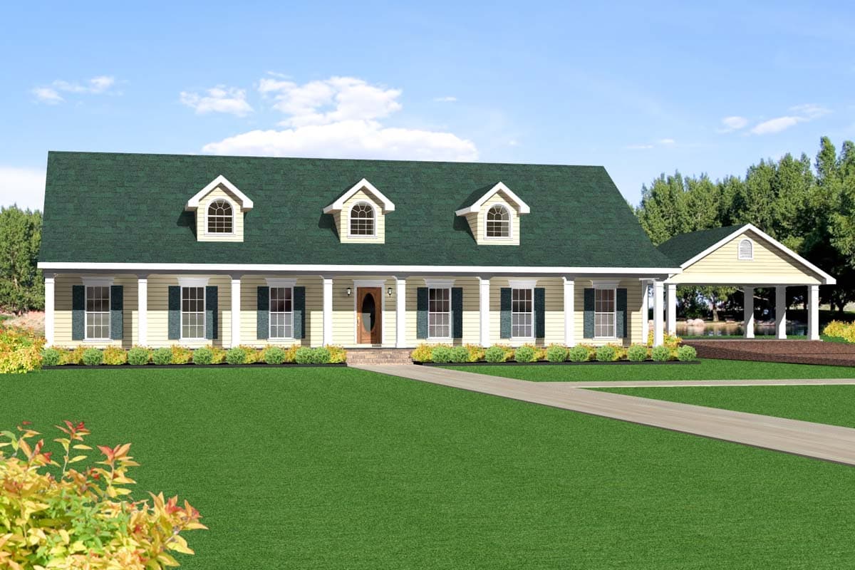 House plan exterior: One-story dwelling with a full-width porch, dormers, and a detached carport.