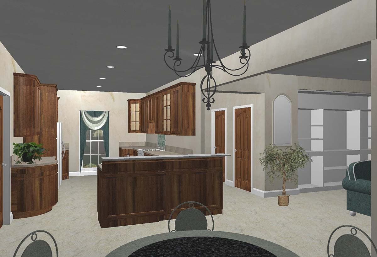 House plan interior rendering of a kitchen with wood cabinetry, island, and adjoining room with shelving and sofa.