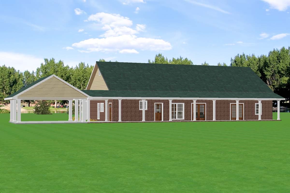 House plan exterior: Ranch style, single story with a covered carport and a full-length porch with columns.