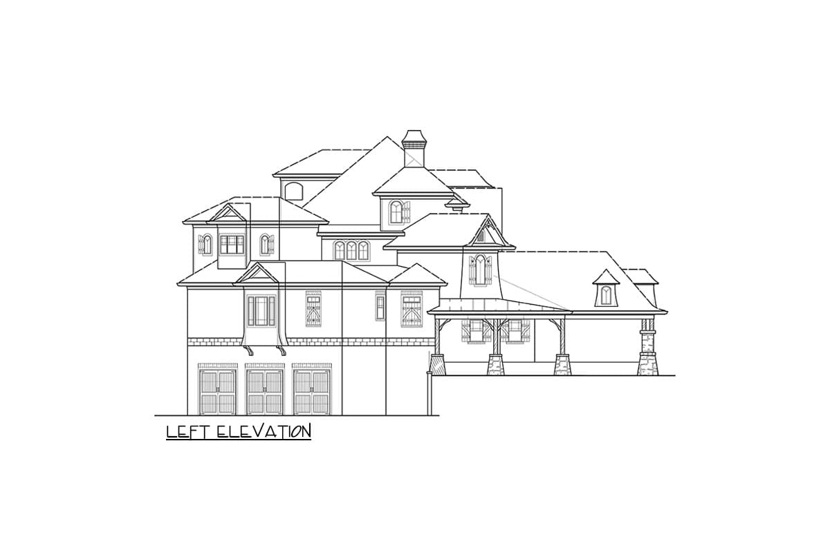 Left elevation house plan featuring multiple gables, dormers, a covered porch with stone columns, and a three-car garage.
