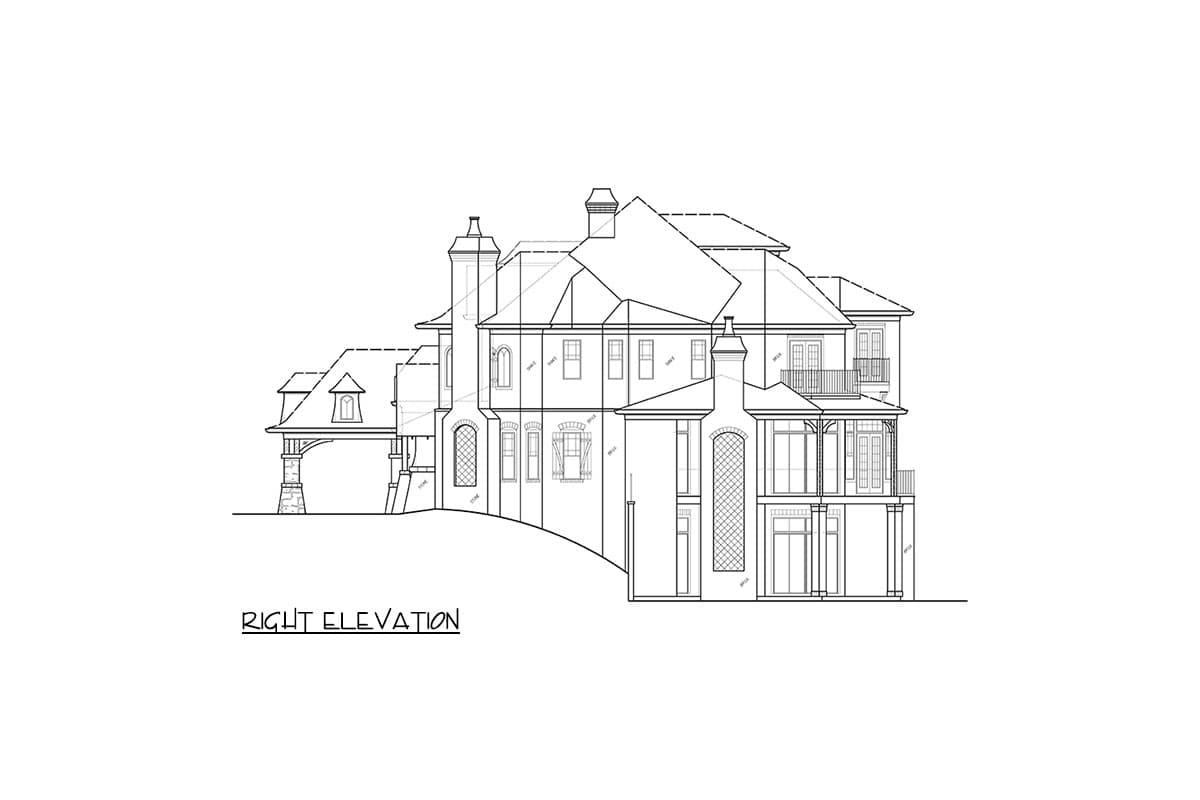 House plan right elevation drawing showing multiple stories, gables, dormers, arched windows, covered porch, and balconies.