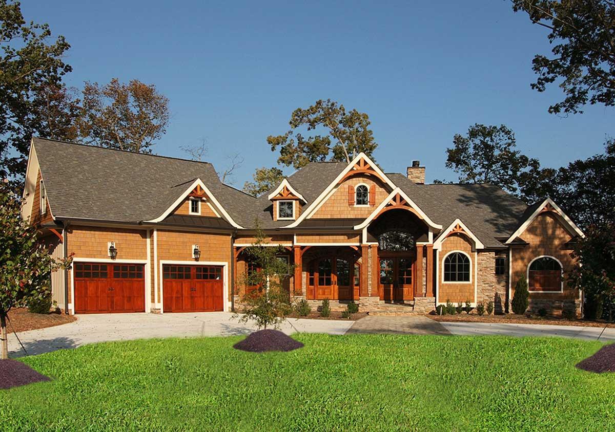 House plan exterior. Craftsman style, two stories, with gabled roof, arched entry, dormers, and attached garage with wood doors.