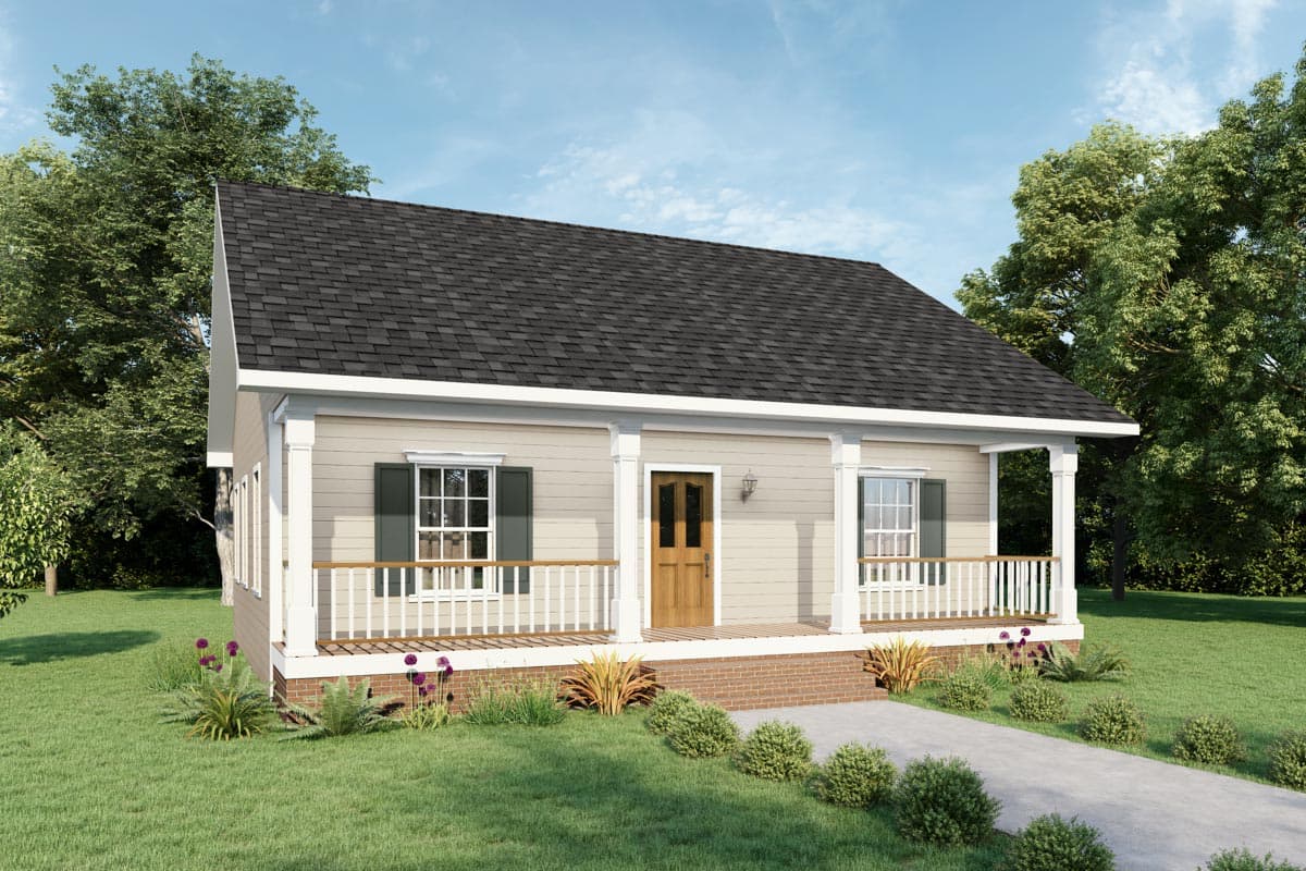 House plan exterior: single-story cottage with a covered front porch, white railing, gable roof, and double-door entryway.