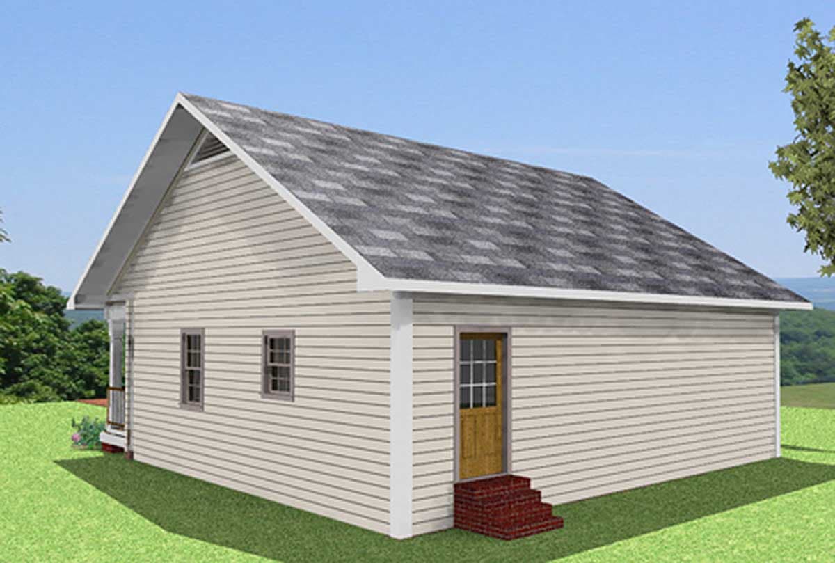 House plan exterior view of a one-story home with a gable roof, vinyl siding, two windows, and a front door with brick steps.
