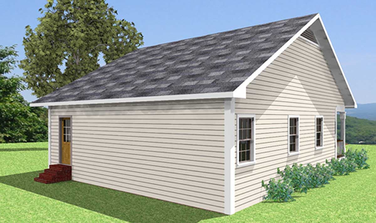 House plan exterior: One-story home with vinyl siding, gable roof, prominent front gable, and front door with steps.