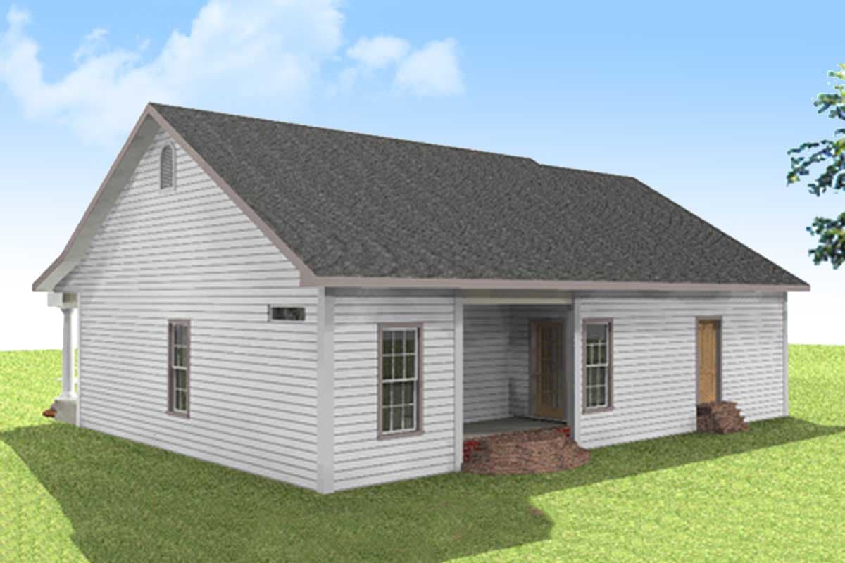 House plan exterior, single-story dwelling with a covered front porch, gable dormer, and white clapboard siding.