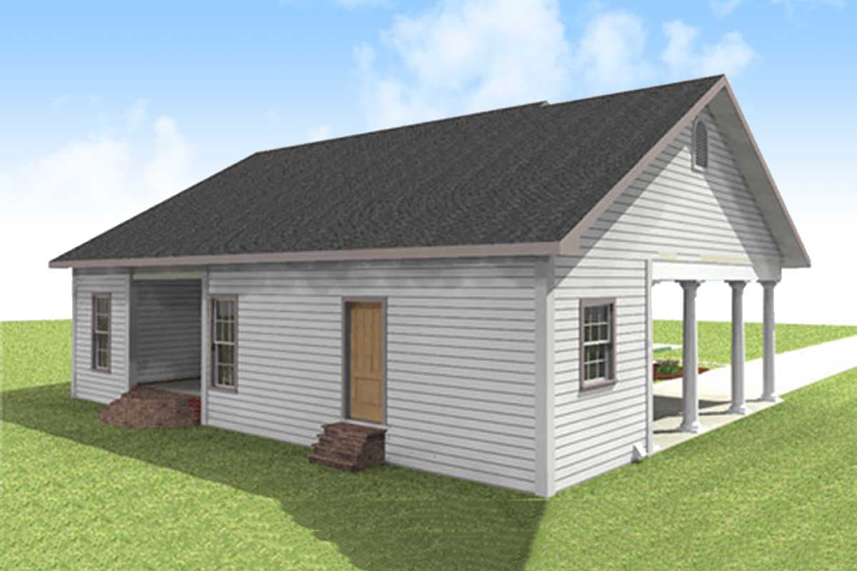 House plan exterior: One-story house with a gable roof, side entrance, and a three-column open porch.