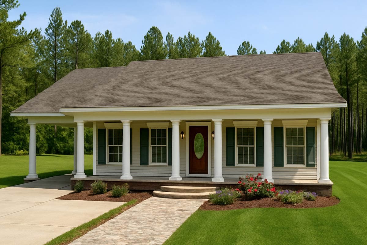 House plan exterior: Ranch style, single story with a covered front porch supported by columns, multiple windows, and a central entrance.