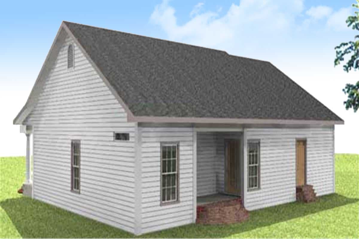 House plan exterior: one-story home with gable roof, front porch, and white clapboard siding.