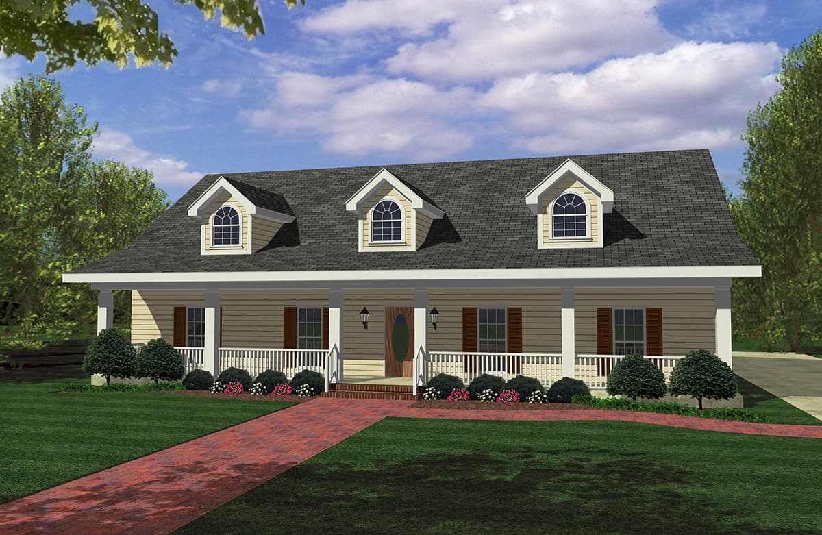 House plan exterior: A one-story home with a full-width covered porch, three dormers with arched windows, and a central entrance.