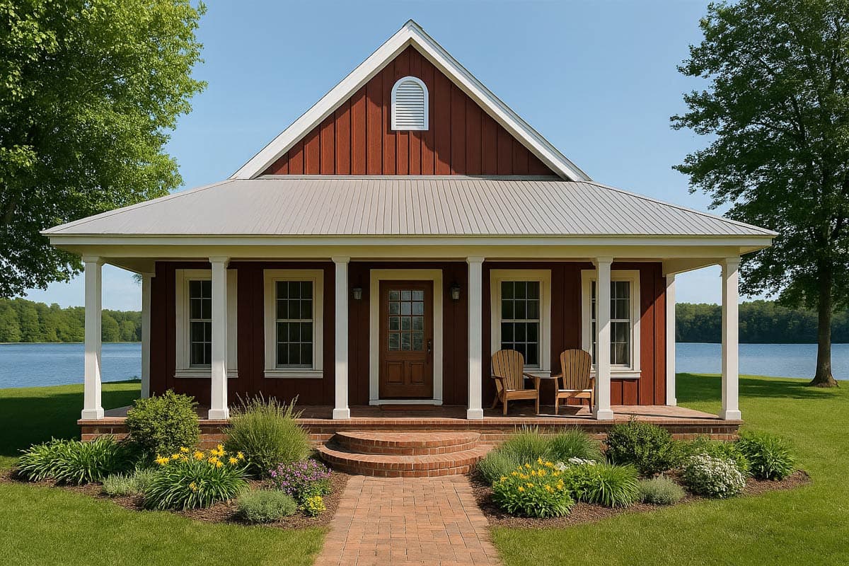 A red-sided cottage with a white porch sits by a lake. Two wooden chairs are on the porch, and landscaping and a brick path lead to the front door.