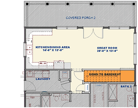 Plan 2568DH: Barn-style Country Farmhouse House Plan with Two Bedrooms - 1,292 Sq Ft - Floor Plan - Main Level - Basement Stairs Location - Cottage, Country, Farmhouse, Modern Farmhouse, Rustic, Southern