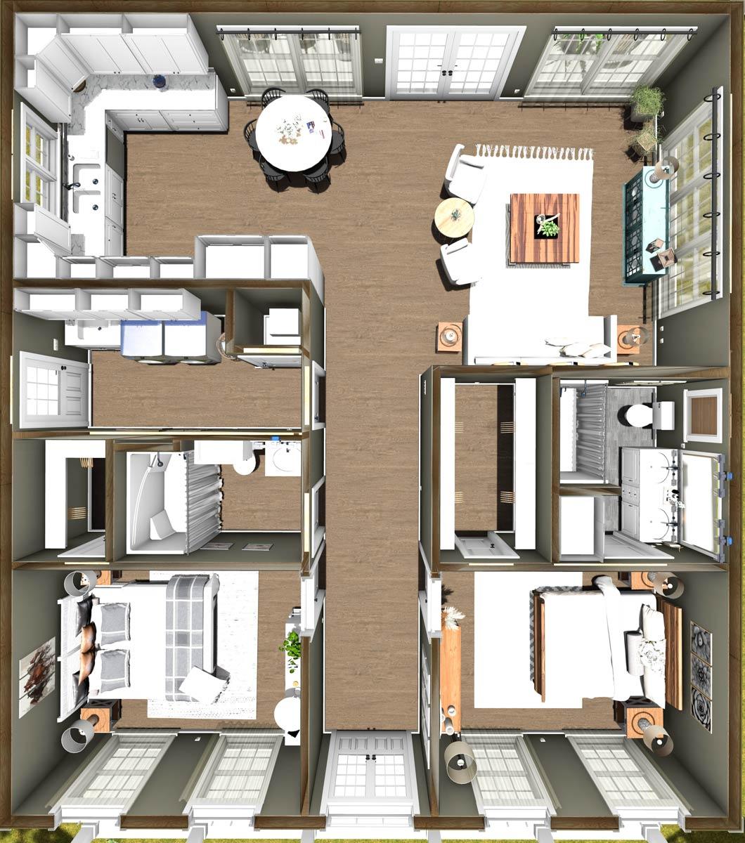 Top-down view of a house plan showing rooms including a kitchen, dining area, living room, bedrooms, and bathrooms, with furniture.