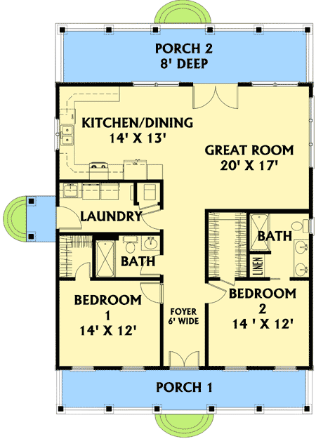 Plan 2568DH: Barn-style Country Farmhouse House Plan with Two Bedrooms - 1,292 Sq Ft - Floor Plan - Main Level - Cottage, Country, Farmhouse, Modern Farmhouse, Rustic, Southern