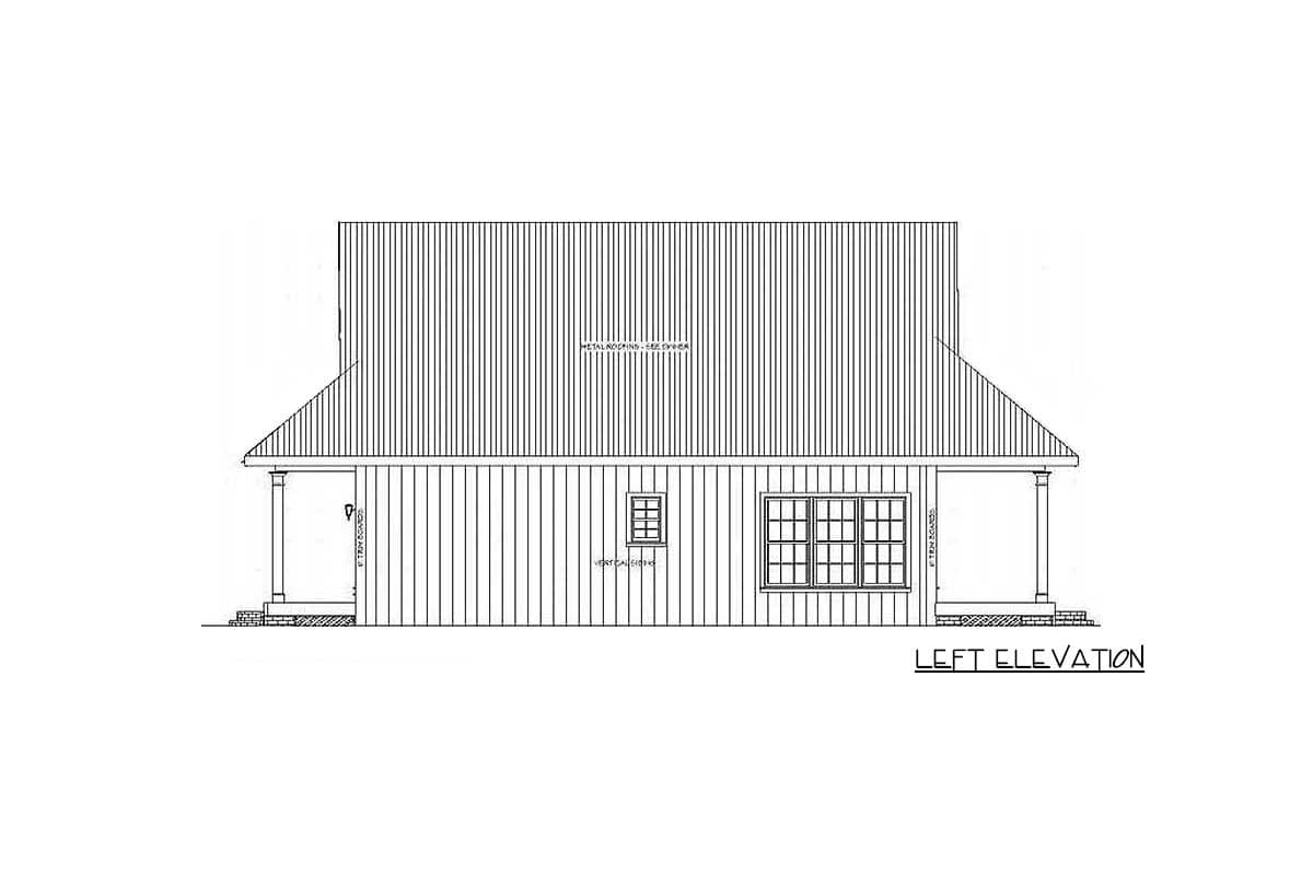 Architectural drawing of a house left elevation. The side view shows a covered porch supported by columns, with a small and large window.