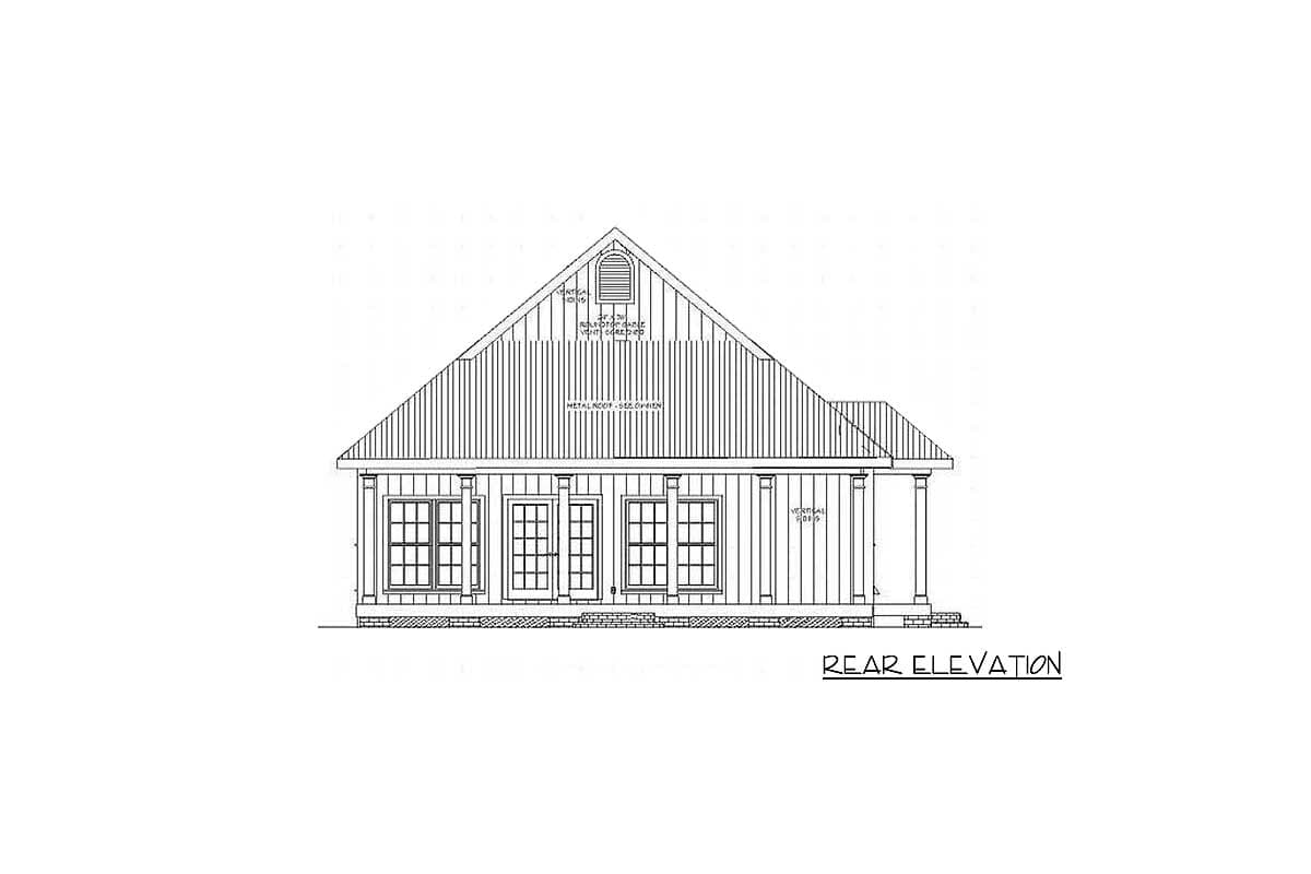 Architectural drawing of the rear elevation of a house, featuring a gable roof, multiple windows and a door, and a front porch with pillars.