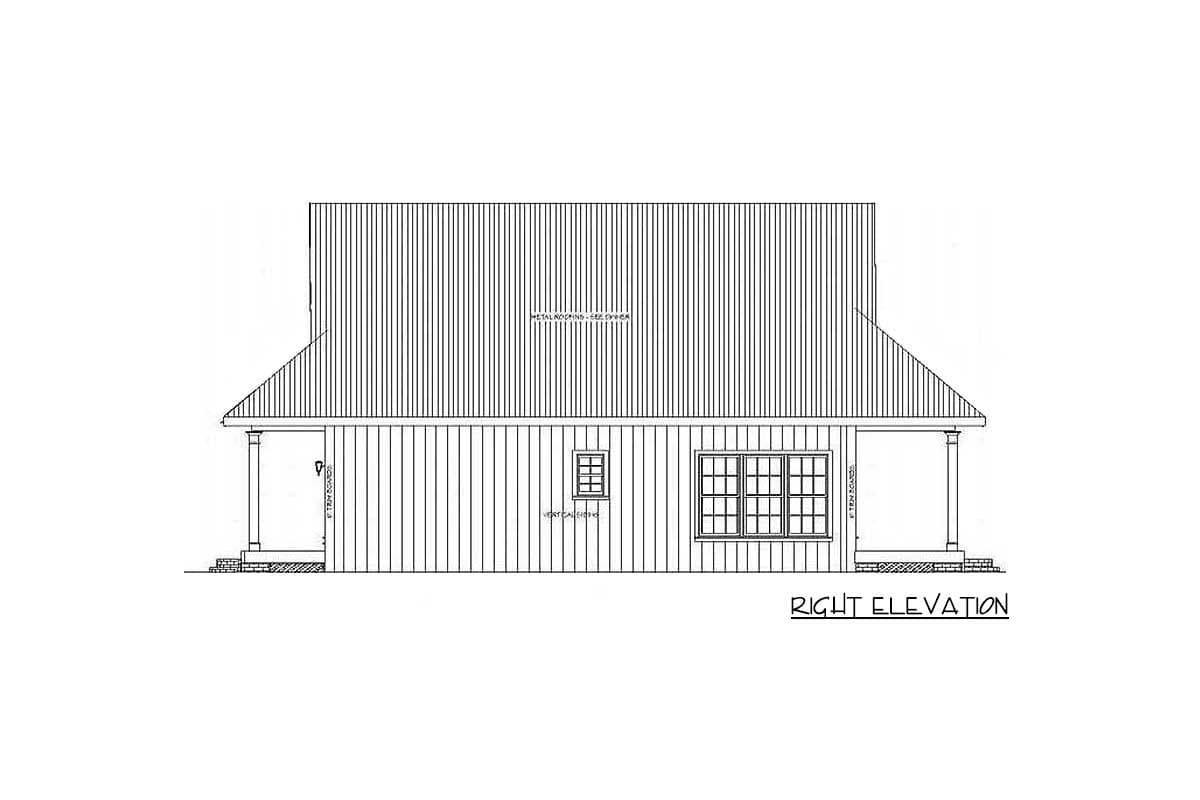 A side elevation architectural drawing of a house, showcasing vertical siding and a large window. Columns support the porch roof at each end.