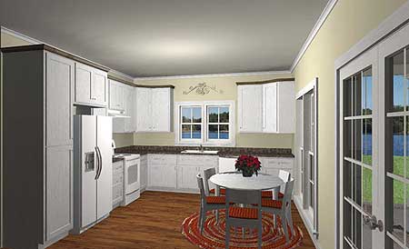 Kitchen with white cabinetry, granite countertops, stainless steel refrigerator, and a round dining table with chairs.