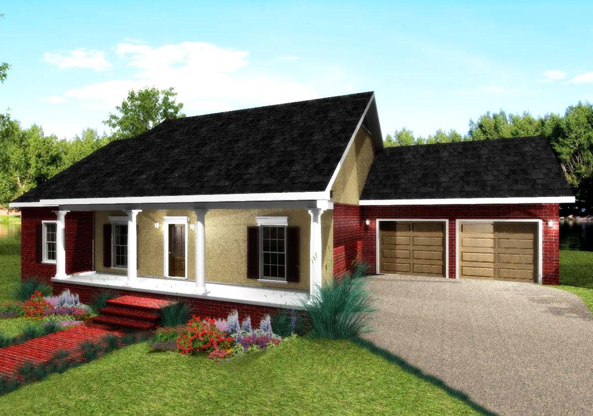 House plan exterior: One-story home with a covered front porch supported by columns, brick and stucco facade, and a two-car garage.