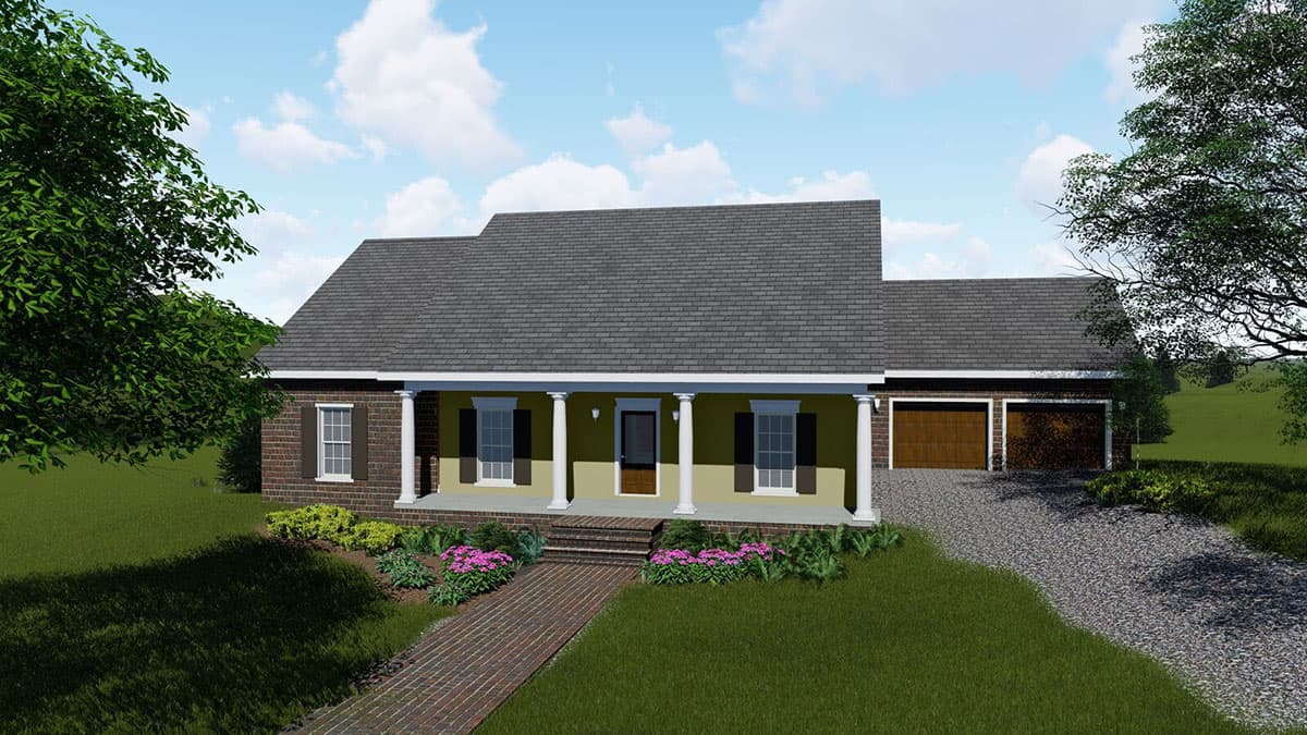 House plan exterior: One-story home with central porch supported by columns, gabled roof, and a side-entry two-car garage.