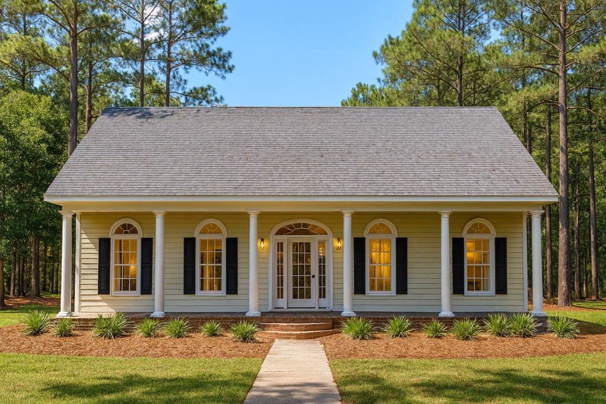 House plan exterior. One-story Ranch style home with front porch supported by columns. Features include arched windows and a gabled roof.